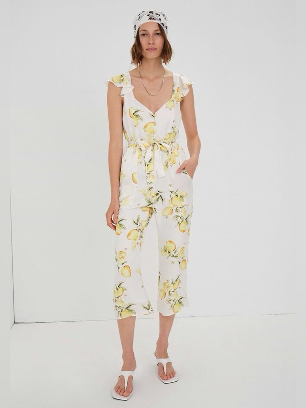 For Love And Lemons Limonada Yellow Lemon-Print Cropped Jumpsuit 🍋 Medium NWT!
